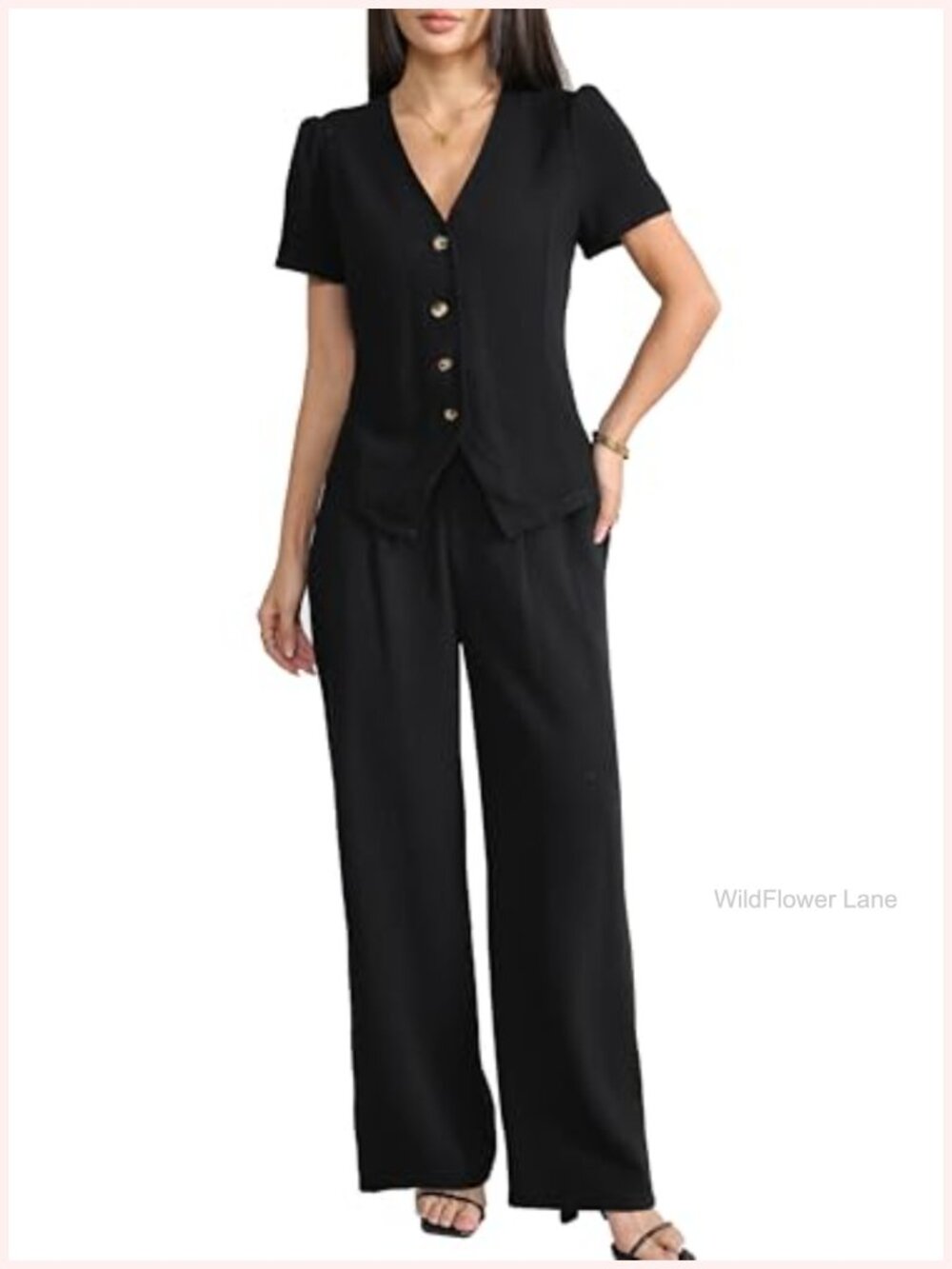 Women's Linen 2 Piece Outfit V Neck Short Sleeve Button Down Top Wide Leg Pant